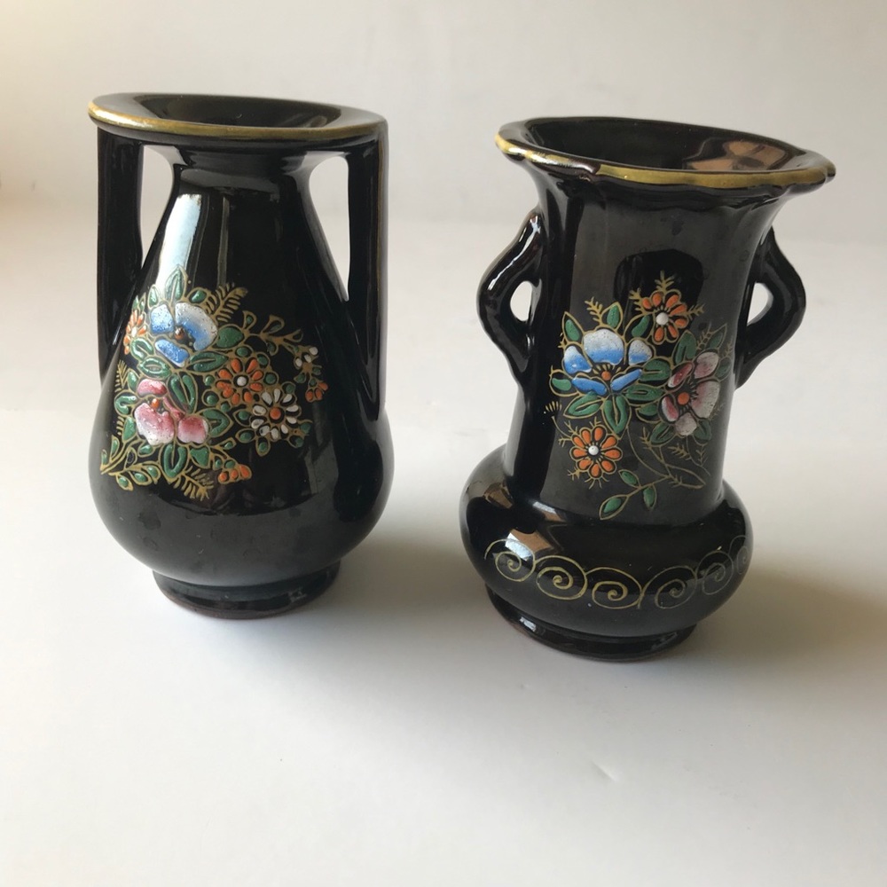 Set of (2) Black Handpainted Japanese Vases